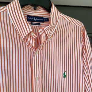 Ralph Lauren Polo Men Striped Dress Shirt. 100% Cotton, Orange on White Size XL